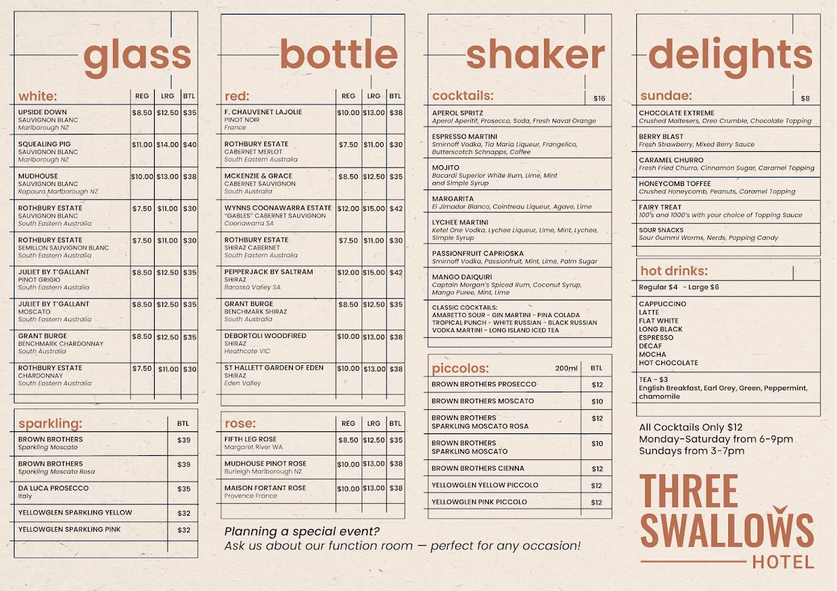 Menu, Three Swallows Hotel