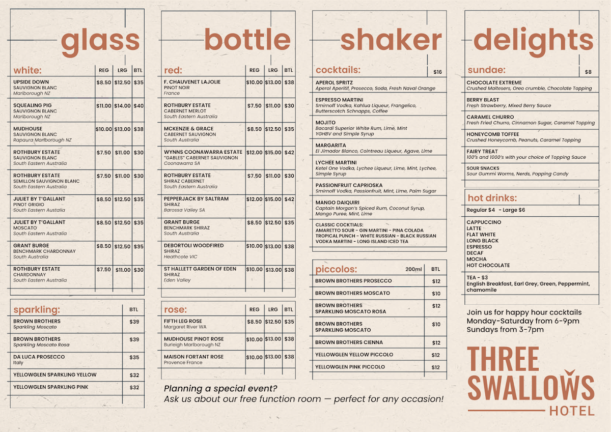 Menu, Three Swallows Hotel