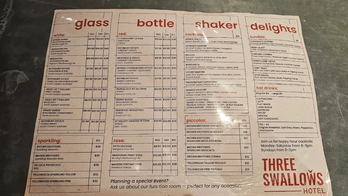 Menu, Three Swallows Hotel