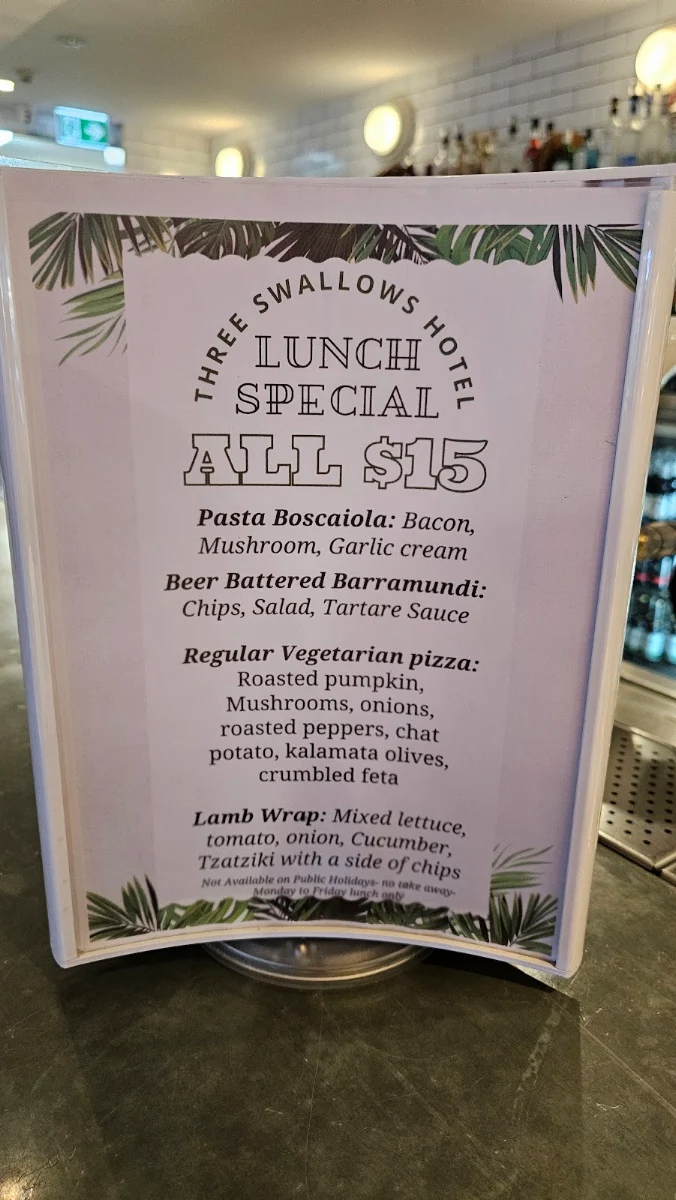 Menu, Three Swallows Hotel