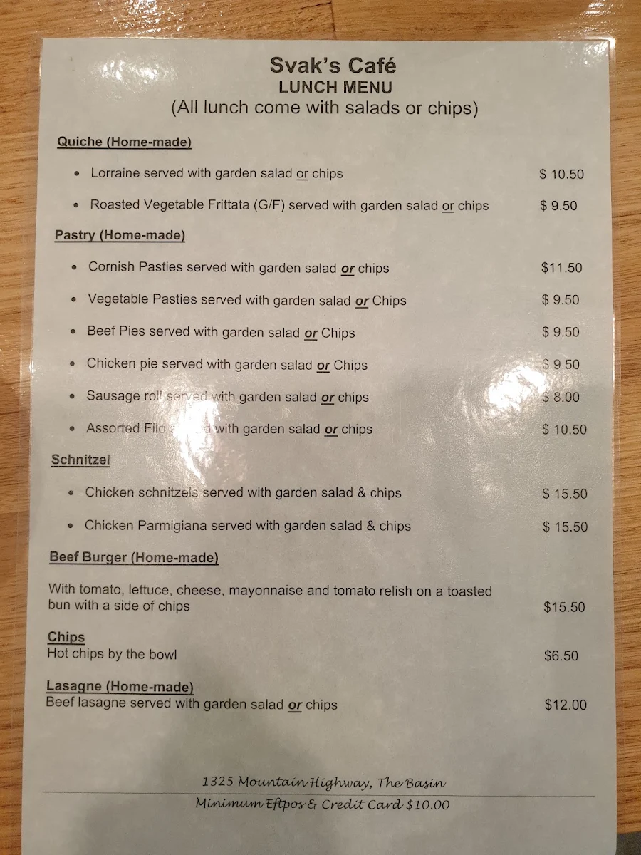 Menu, Svaks Cafe