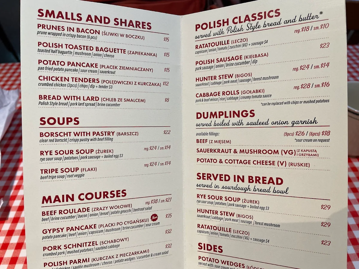Menu, POLISH JAR Restaurant