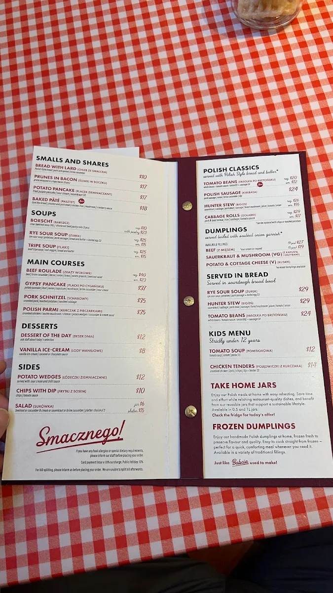 Menu, POLISH JAR Restaurant