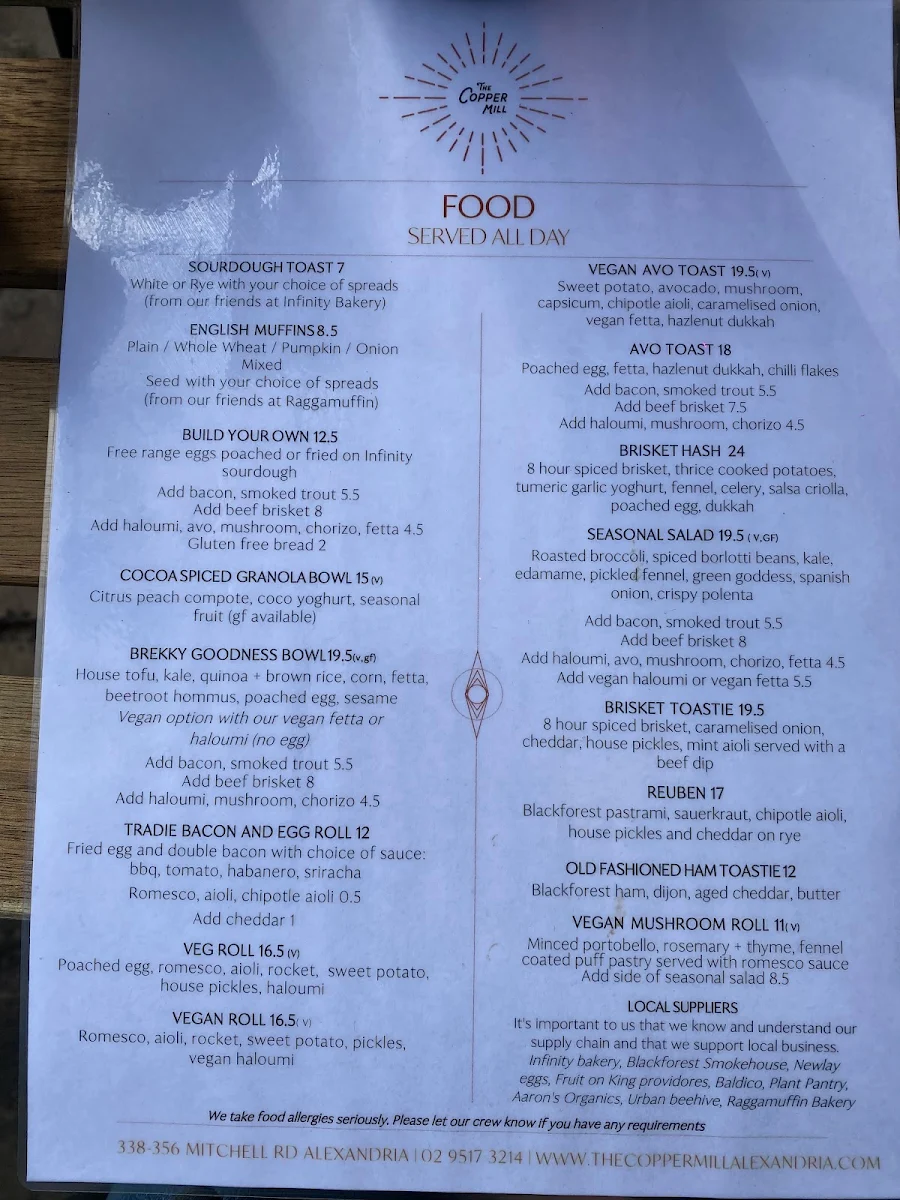 Menu, The Copper Mill