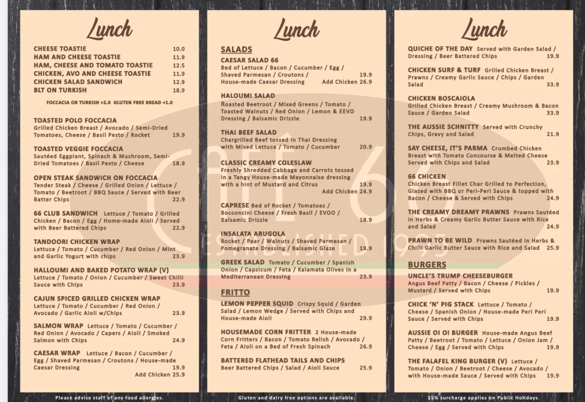 Menu, Cafe 66