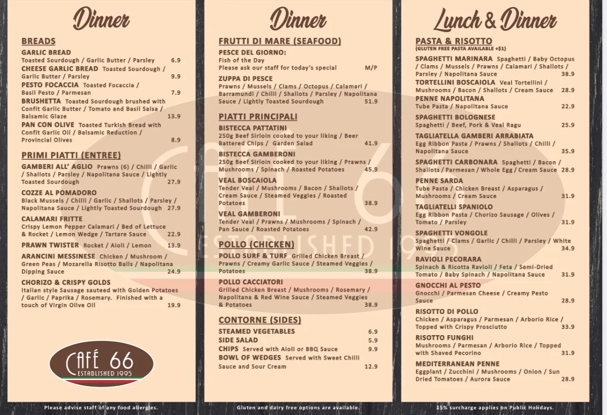 Menu, Cafe 66