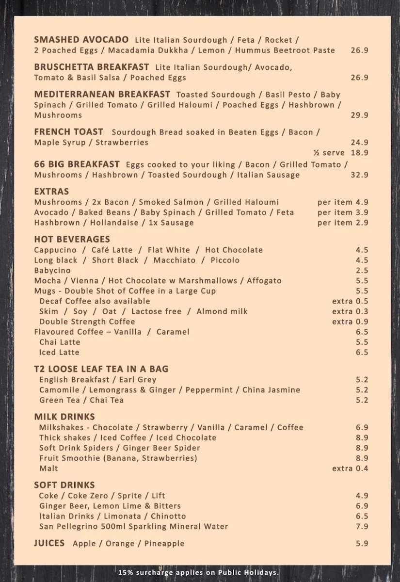 Menu, Cafe 66