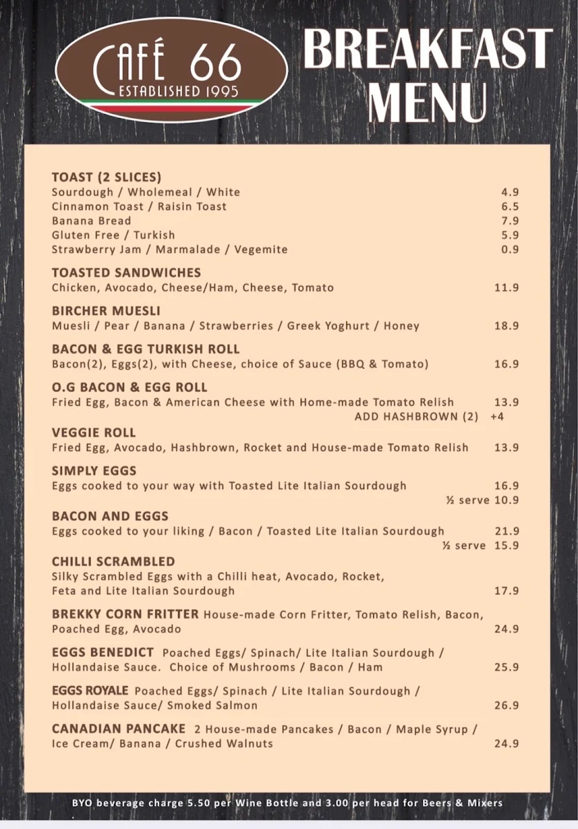 Menu, Cafe 66