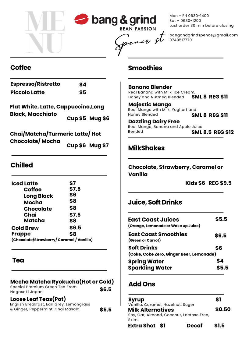 Menu, Bang & Grind Café Spence St.