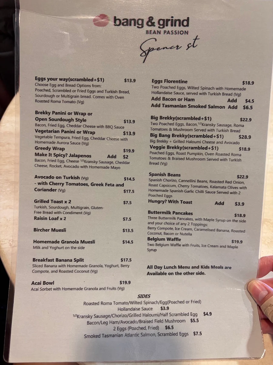 Menu, Bang & Grind Café Spence St.