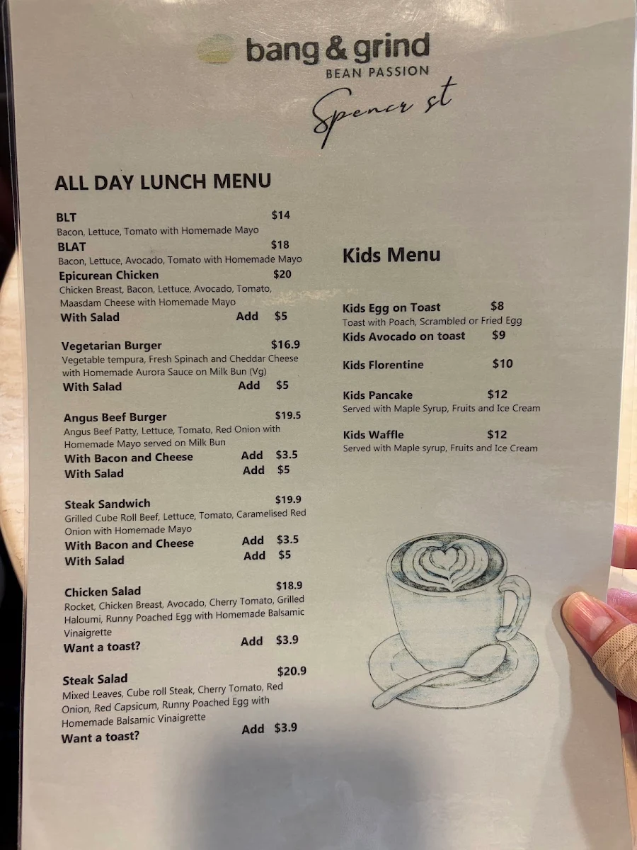 Menu, Bang & Grind Café Spence St.