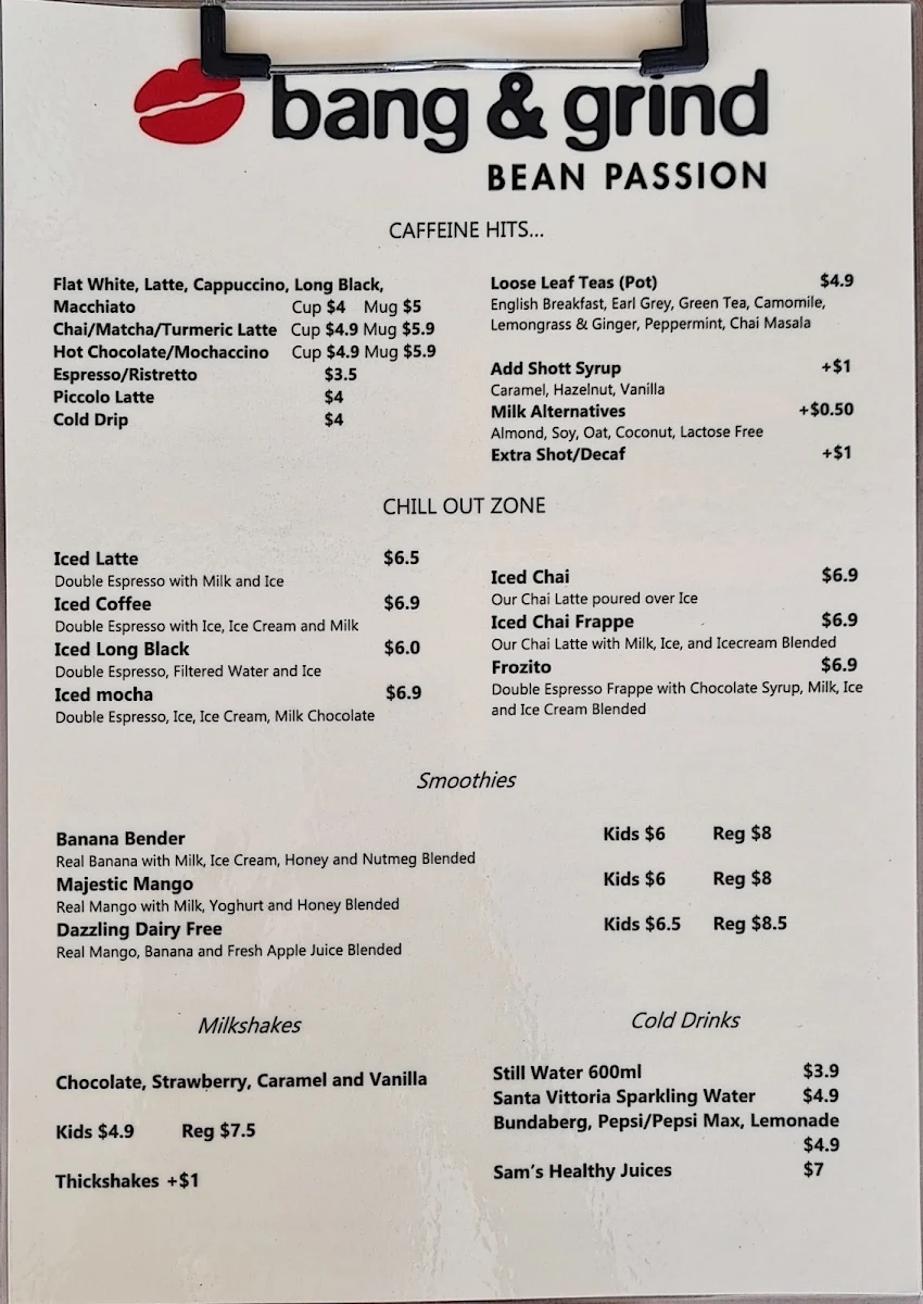 Menu, Bang & Grind Café Spence St.