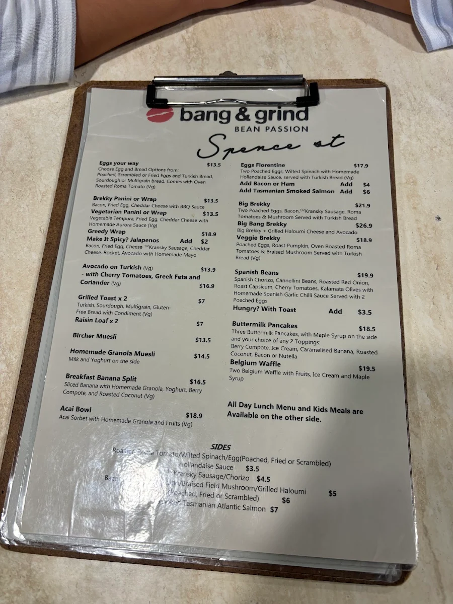 Menu, Bang & Grind Café Spence St.