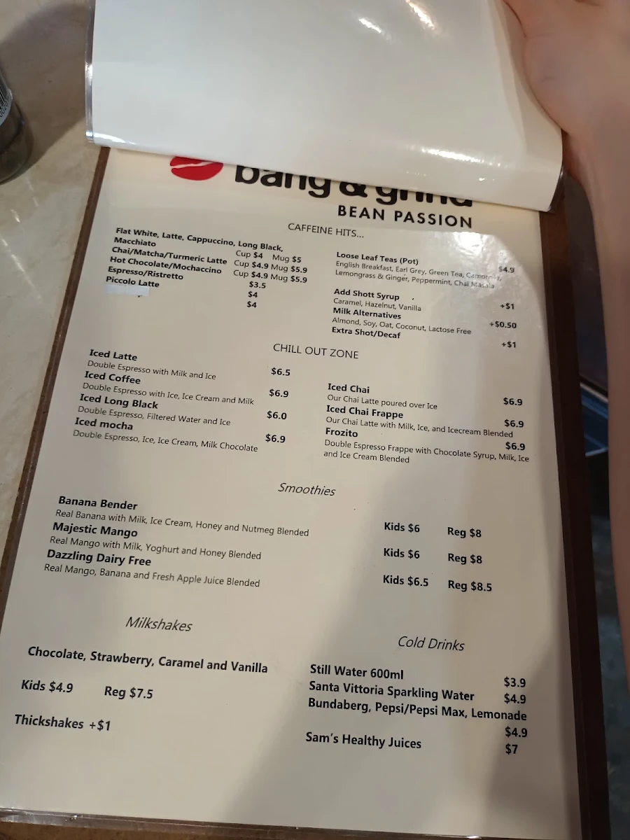 Menu, Bang & Grind Café Spence St.