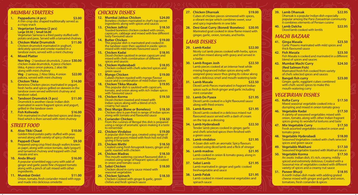 Menu, Mumbai Curry