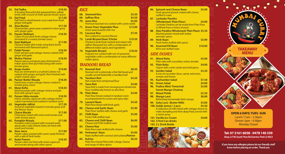 Menu, Mumbai Curry