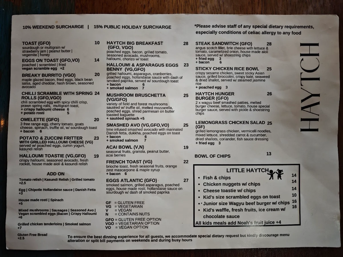 Menu, Haytch