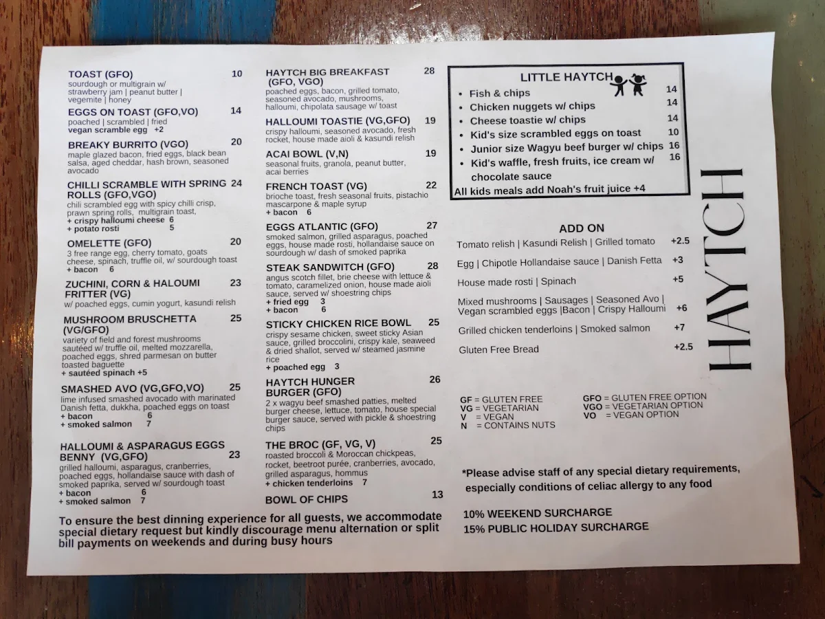 Menu, Haytch