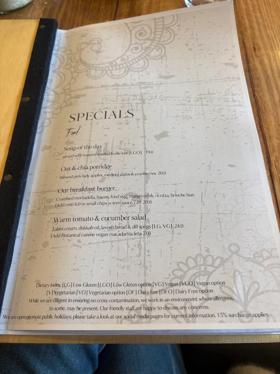 Menu, Leaf & Vine Cafe and Wine Bar