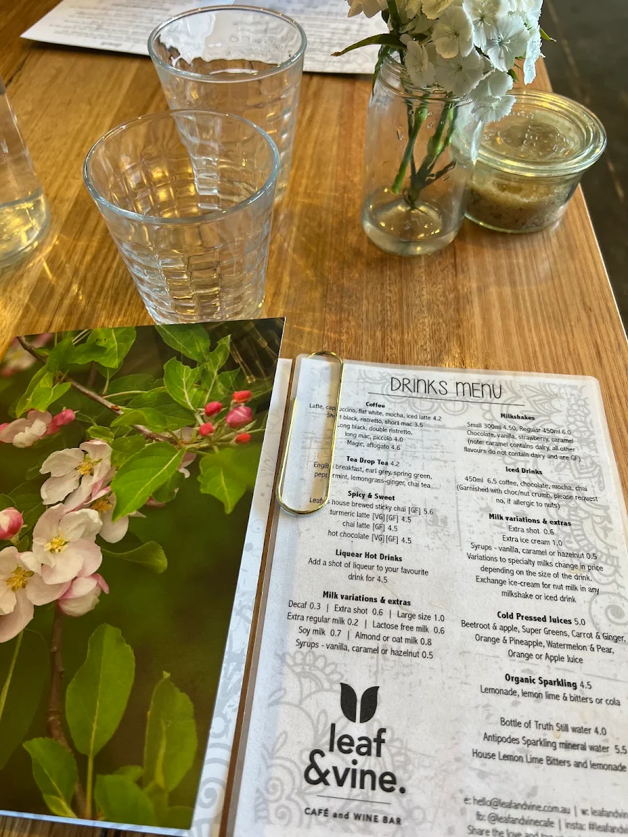 Menu, Leaf & Vine Cafe and Wine Bar