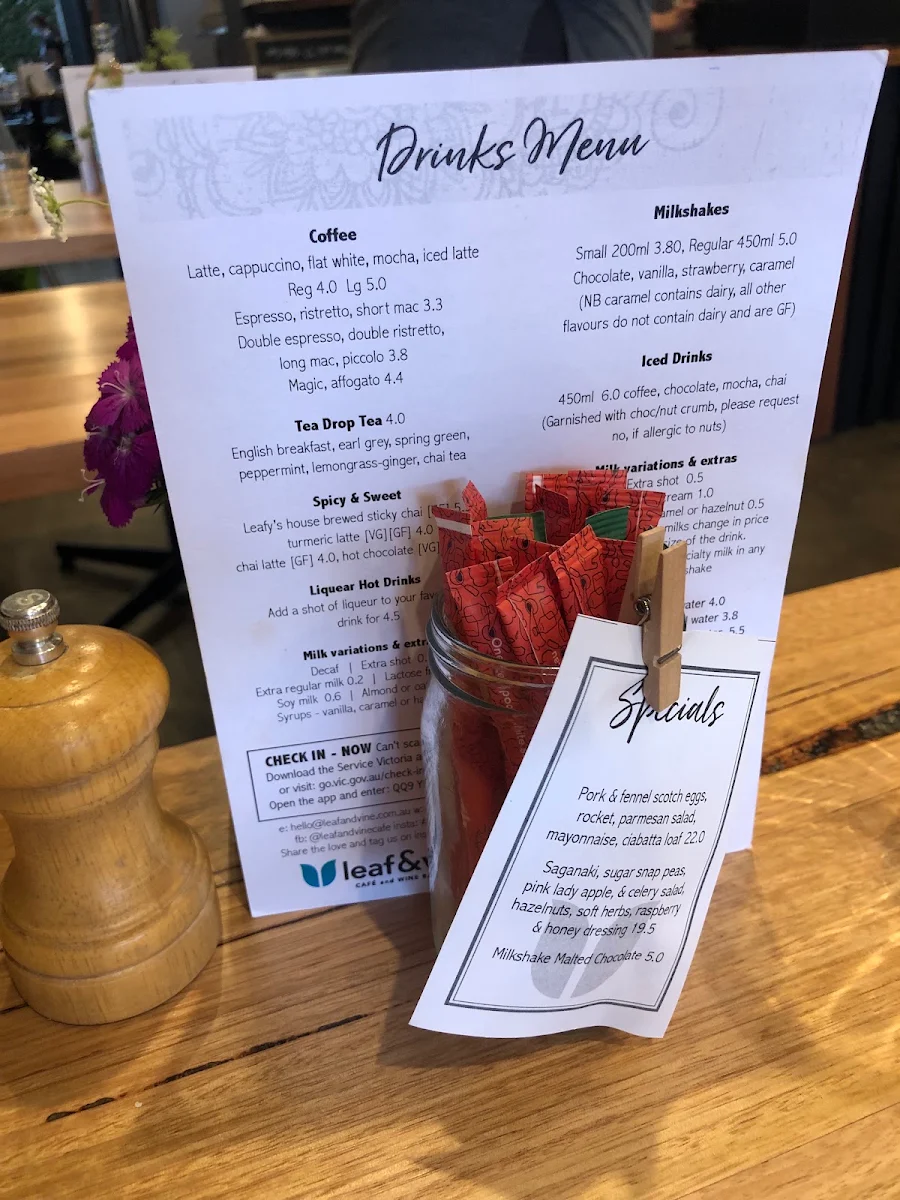 Menu, Leaf & Vine Cafe and Wine Bar