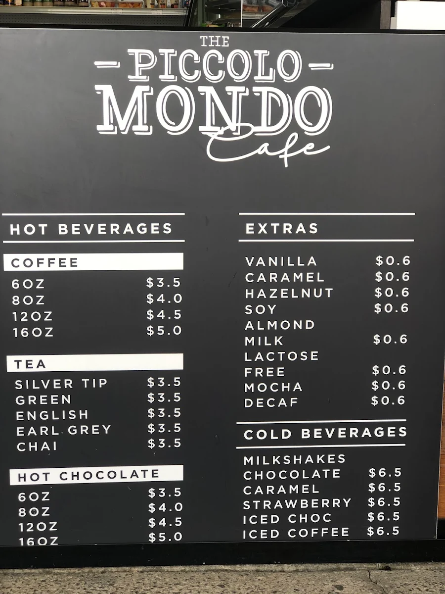 Menu, The Piccolo Mondo Cafe