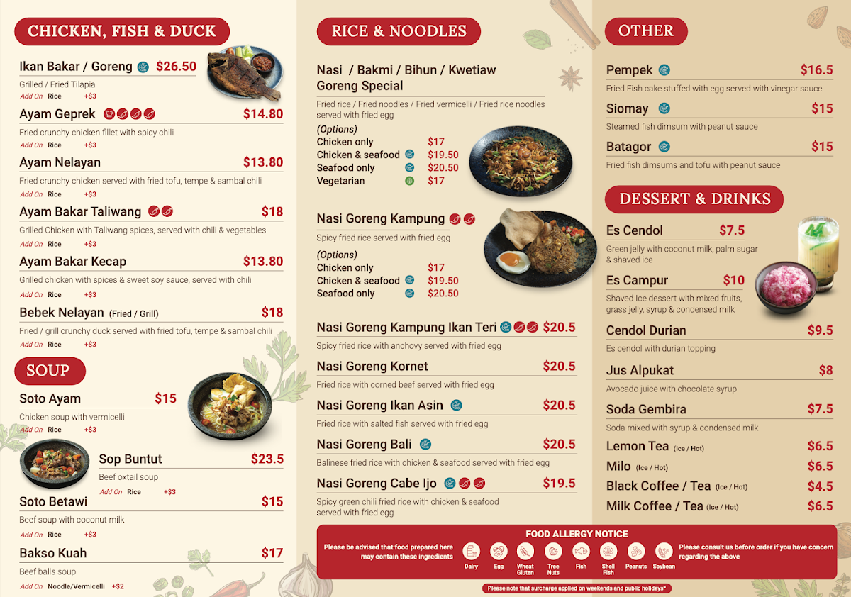 Menu, Nelayan Restaurant
