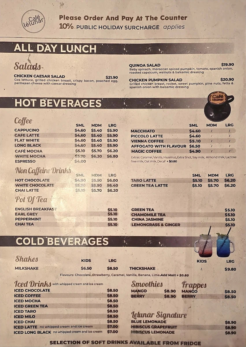 Menu, Cafe Lelunar