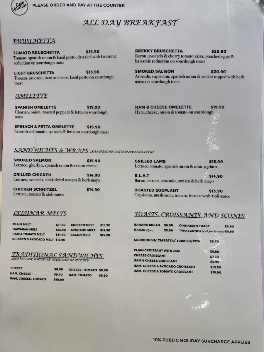 Menu, Cafe Lelunar