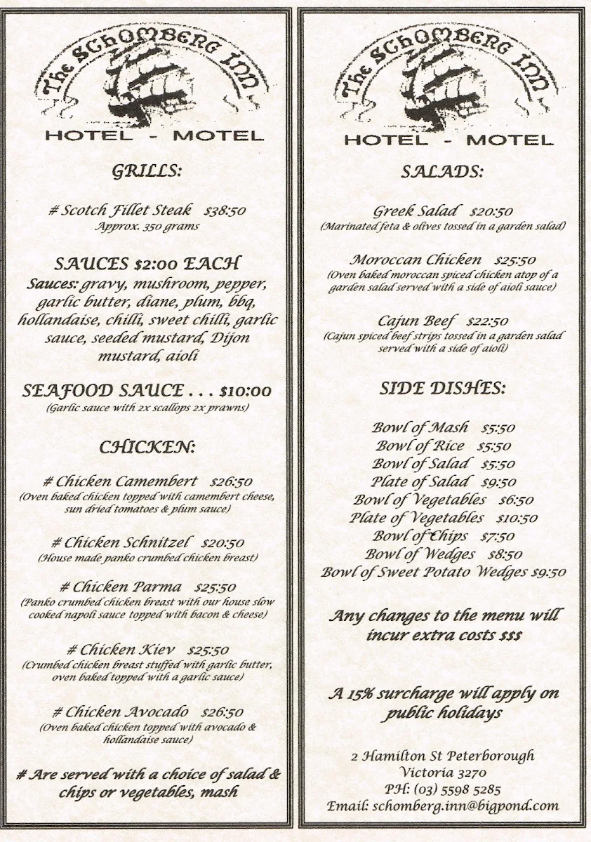 Menu, Schomberg Inn