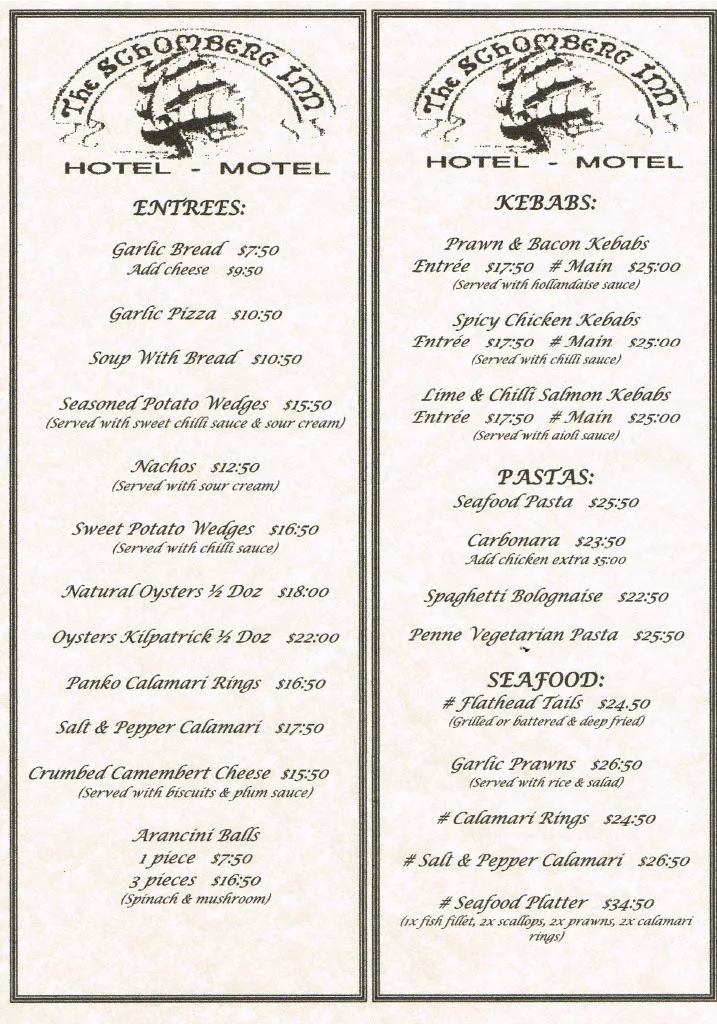 Menu, Schomberg Inn