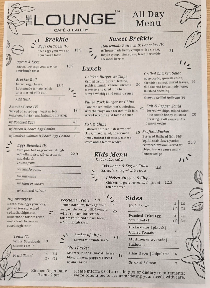 Menu, The Lounge Café and Eatery