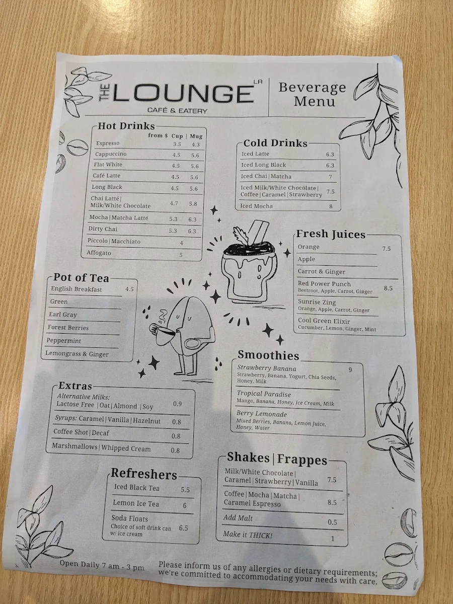 Menu, The Lounge Café and Eatery