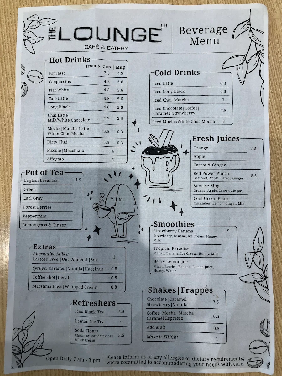 Menu, The Lounge Café and Eatery