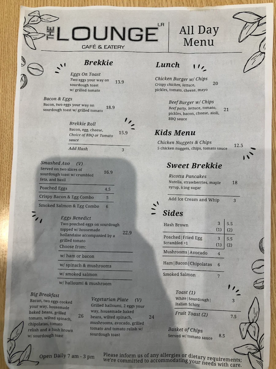 Menu, The Lounge Café and Eatery