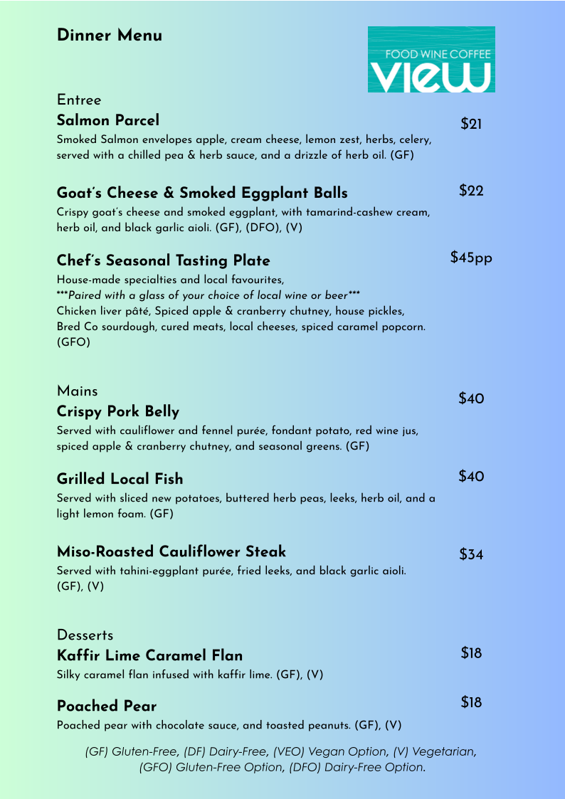 Menu, VIEW Restaurant