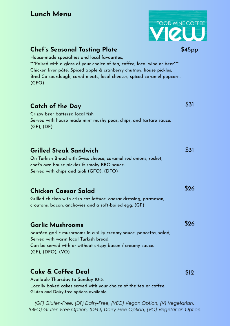 Menu, VIEW Restaurant