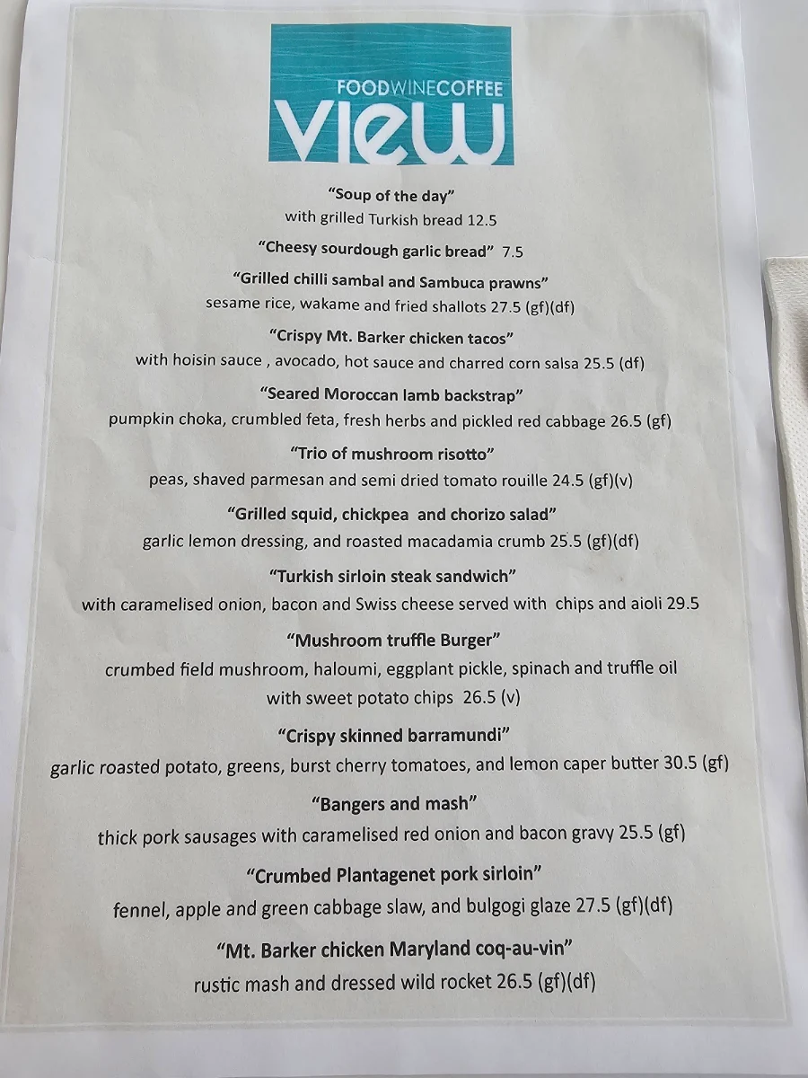 Menu, VIEW Restaurant