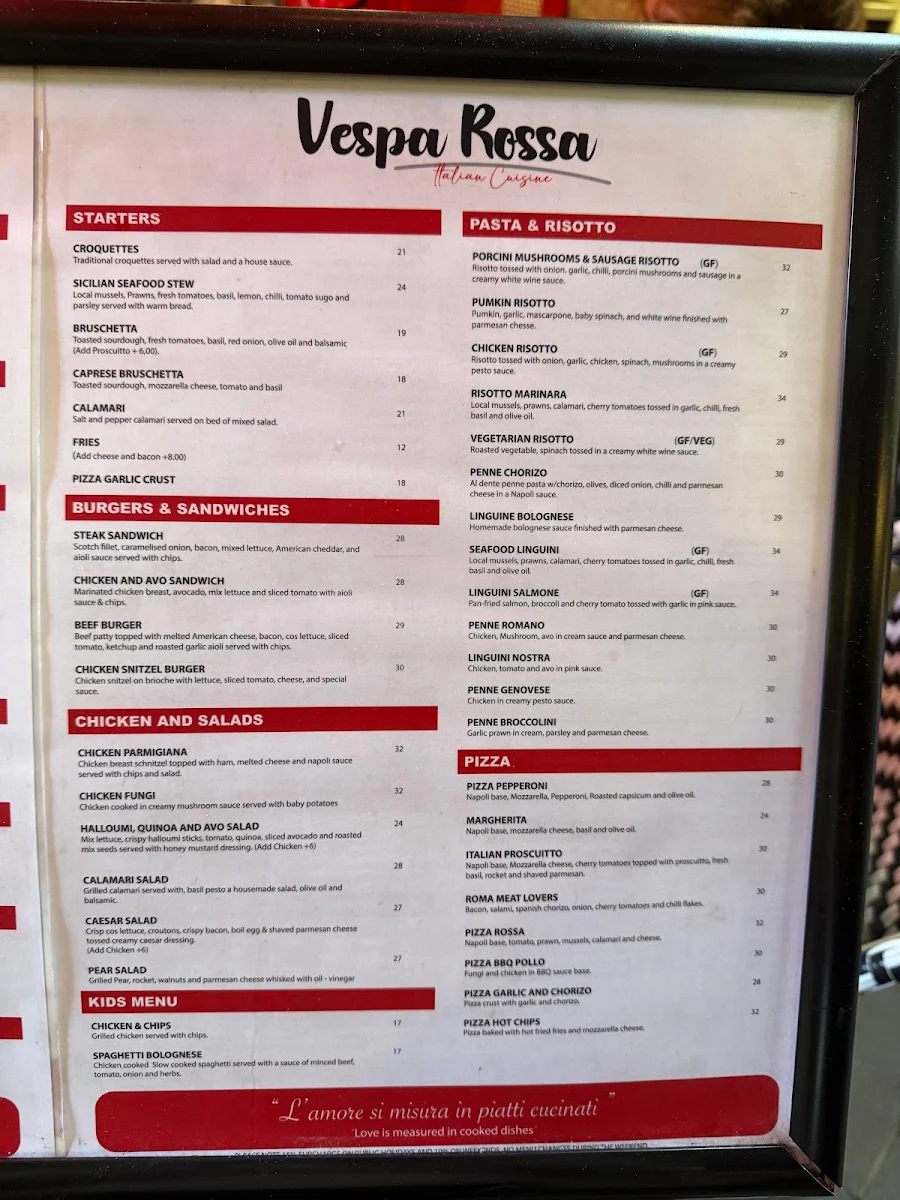 Menu, Vespa Caffe