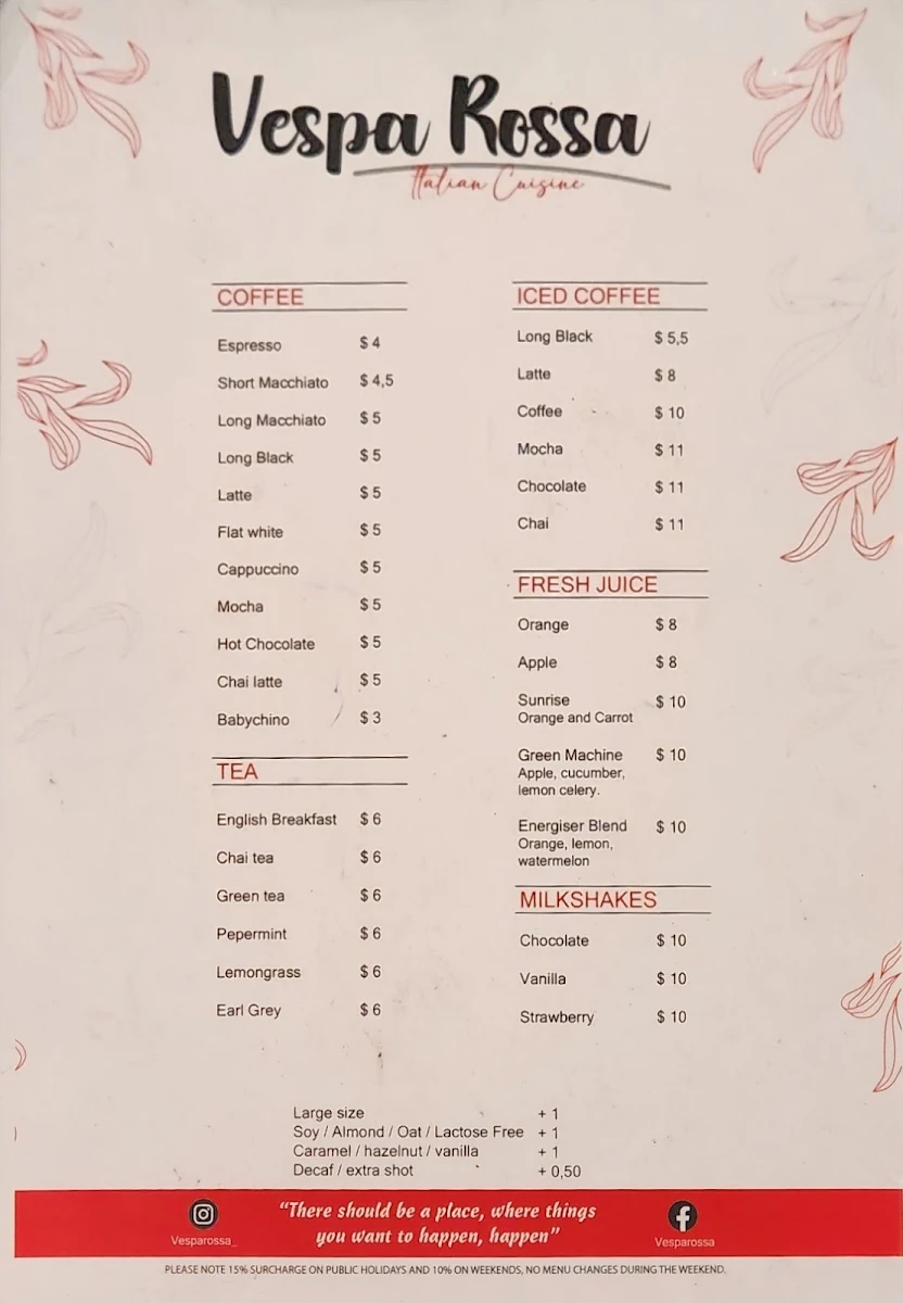 Menu, Vespa Caffe