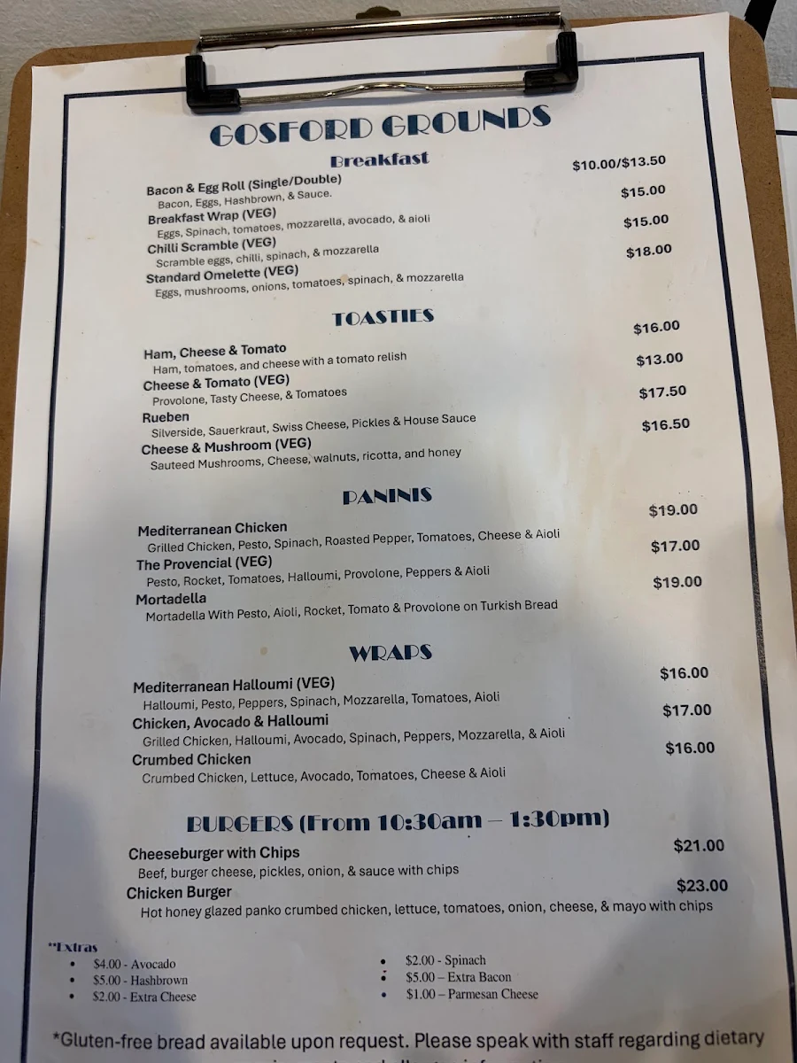 Menu, Gosford Grounds