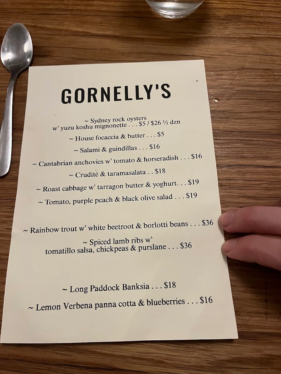 Menu, Gornelly’s