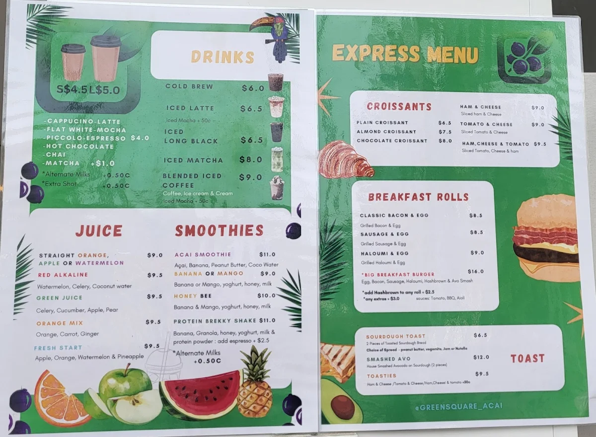 Menu, Bar Noun (Green Square Acai)