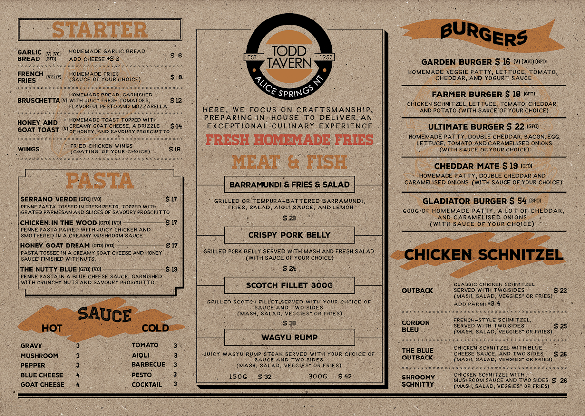 Menu, Todd Tavern