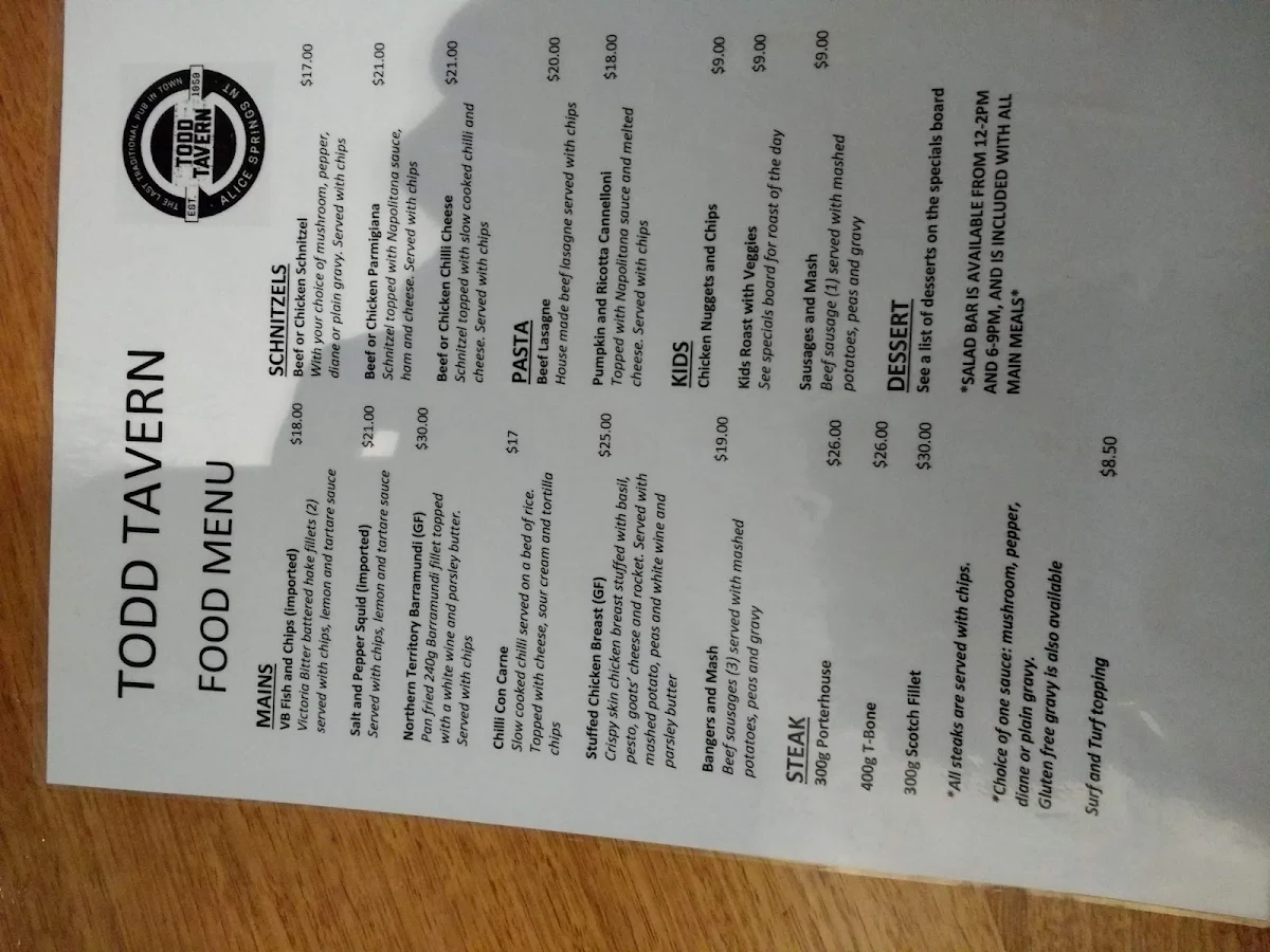 Menu, Todd Tavern