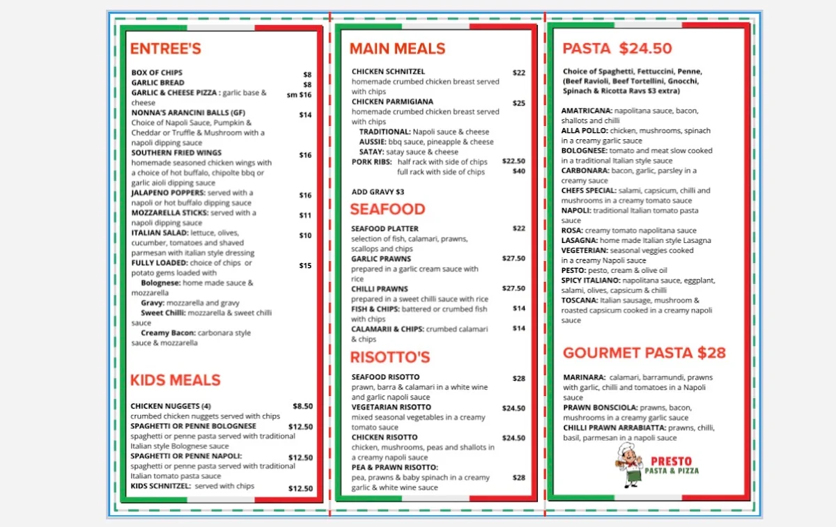 Menu, Presto Pasta & Pizza Mount Coolum