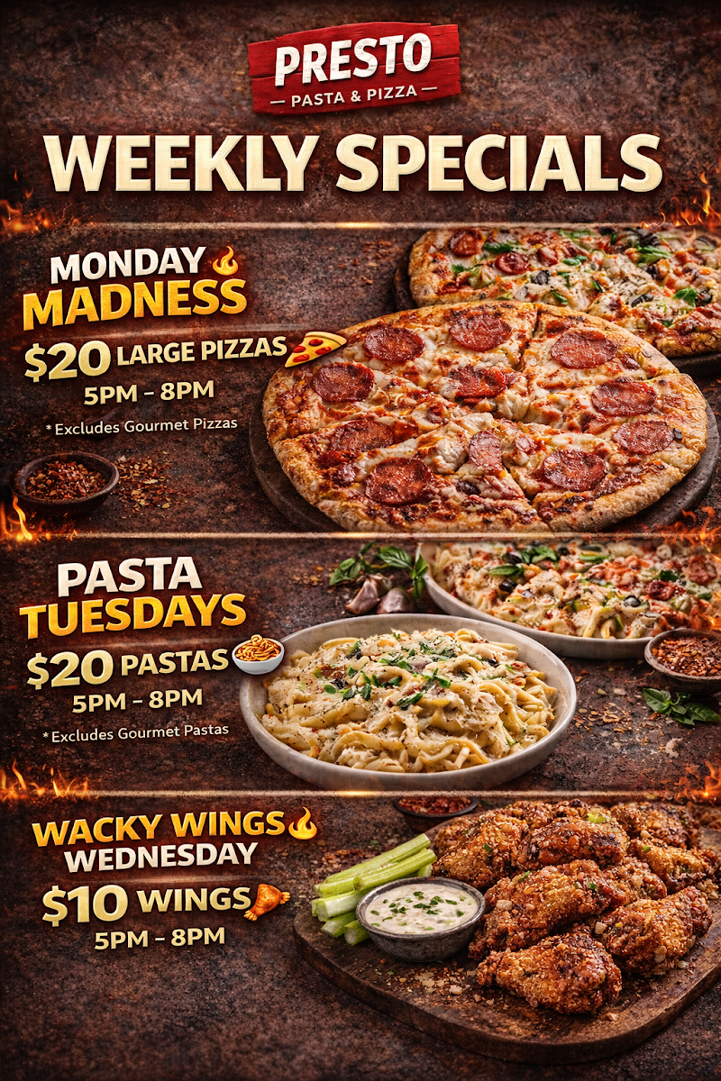Menu, Presto Pasta & Pizza Mount Coolum