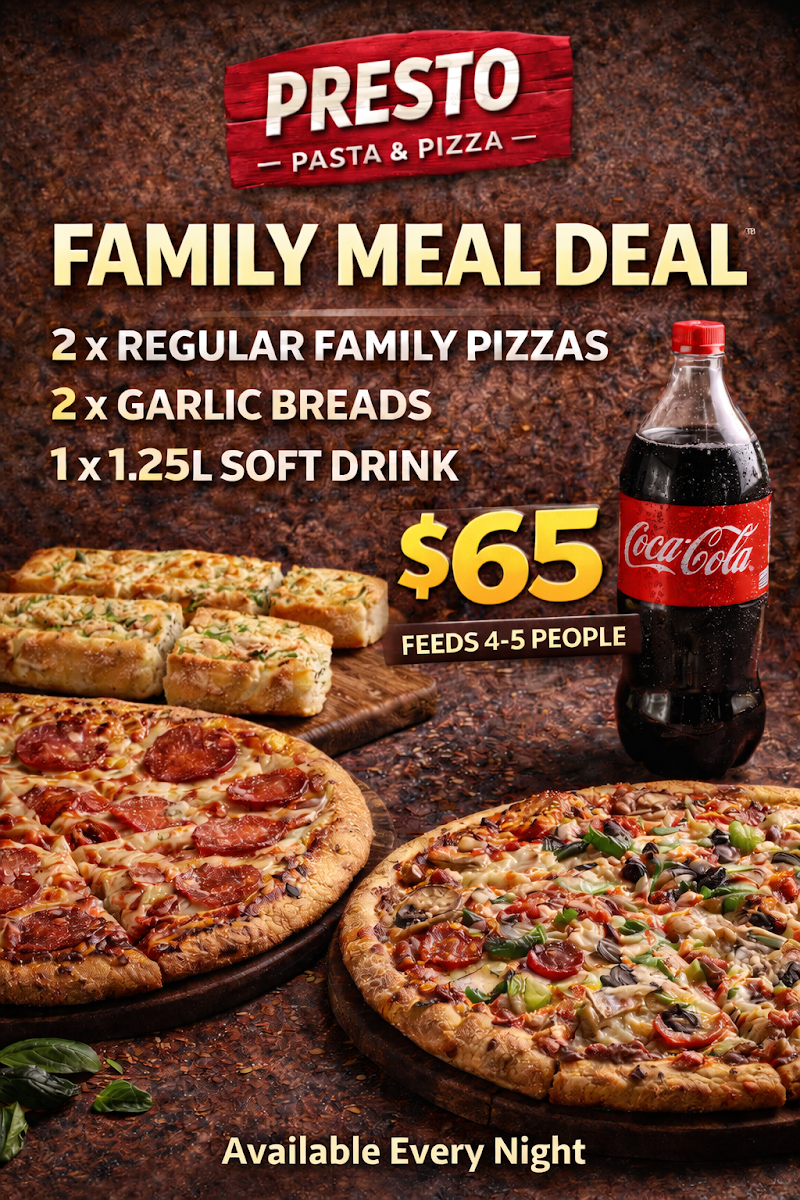 Menu, Presto Pasta & Pizza Mount Coolum