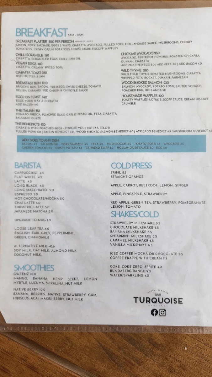 Menu, Turquoise Mandurah