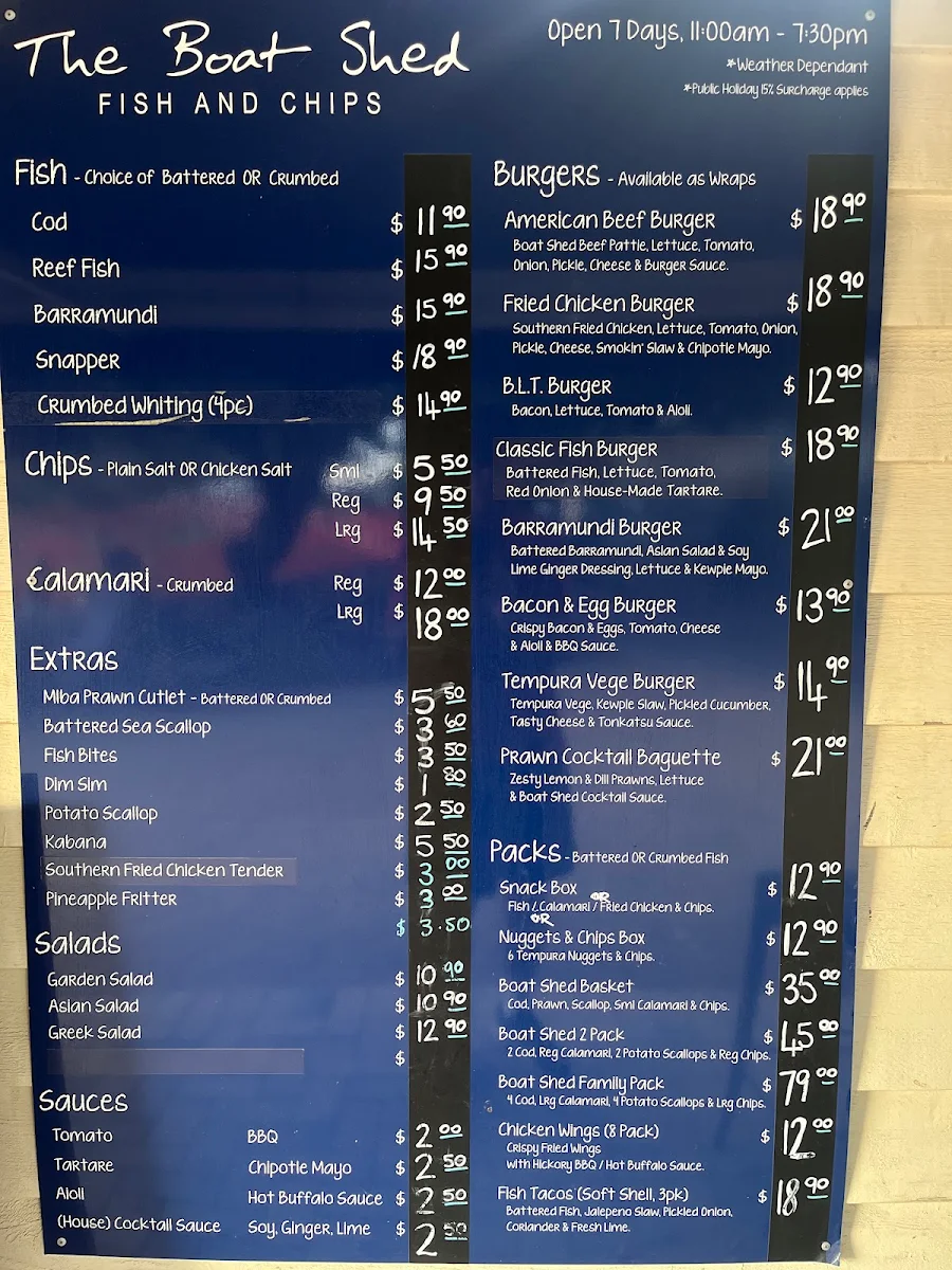 Menu, The Boat Shed & The Boat Shed Takeaway